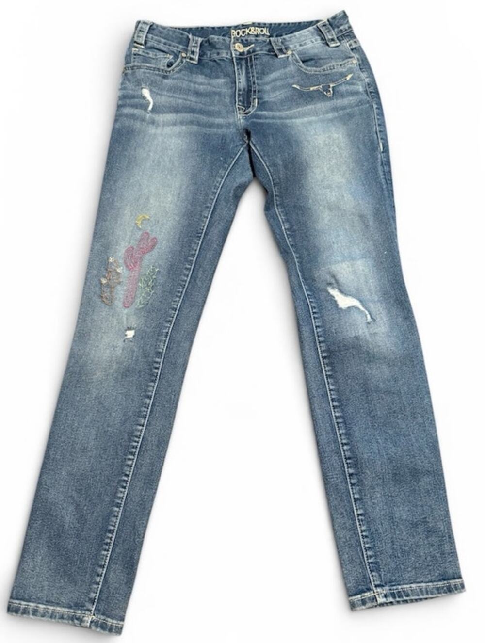 Rock & Roll Cowgirl Boyfriend Skinny Jeans, Embroidered Western, Women's Size 27